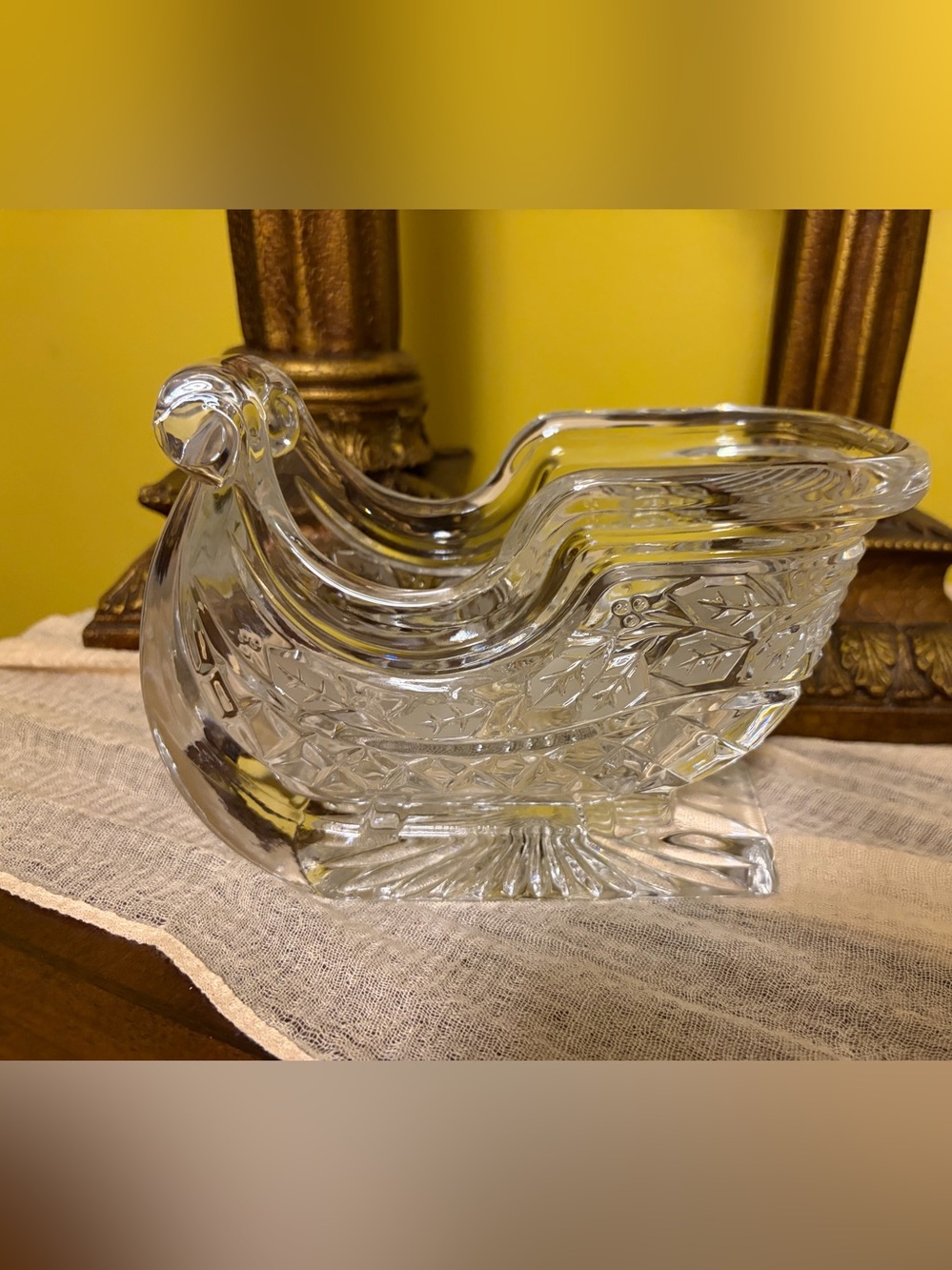 Vintage 90s Bohemia Lead Crystal Santa Sleigh Candy Dish – Czech Hand Cut Holly